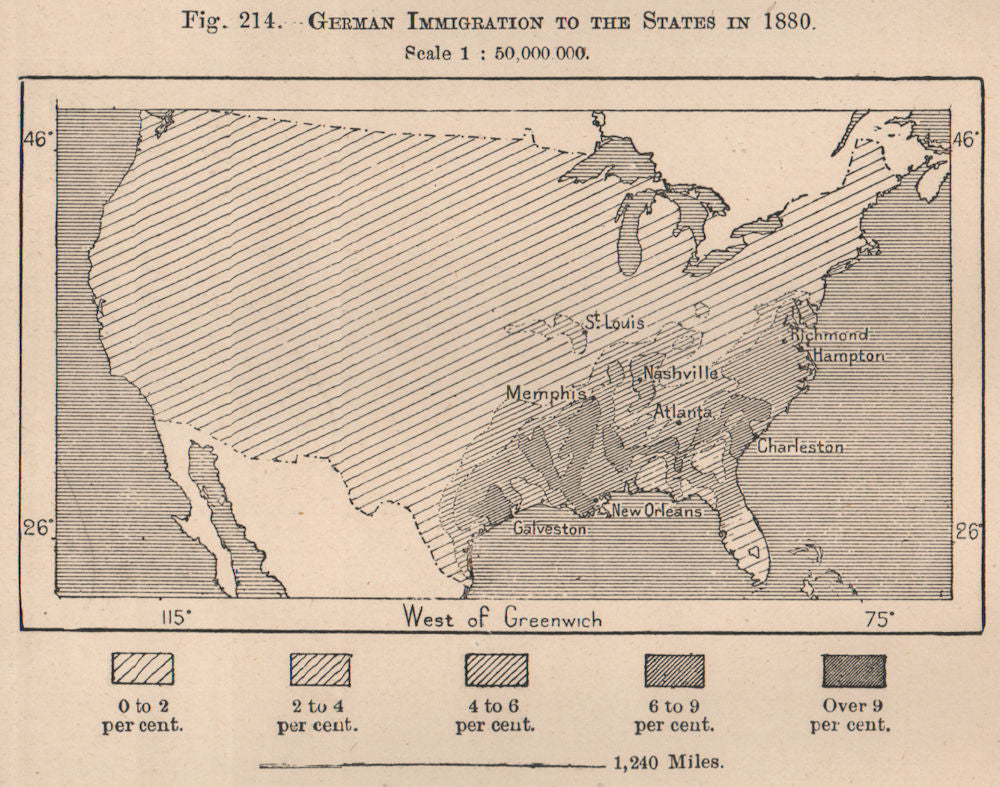 German Immigration to the States in 1880. USA. United States 1885 old map